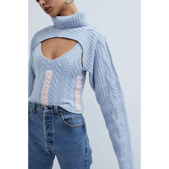 For Love & Lemons Blue & Pink Cable Knit 2-Piece Set Cropped Tank & Shrug XS/S - Picture 15 of 16
